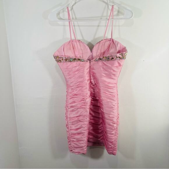 Tony Bowls Barbie Pink Beaded Jewel Sweetheart Pleated Mini Dress 0 Formal Prom - Picture 9 of 10